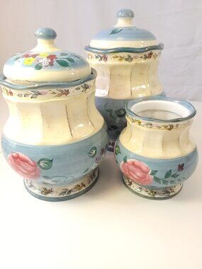 VTG Jay Import Co. Ceramic Canister Set - Blue Rose Floral - 3pc (Read)
